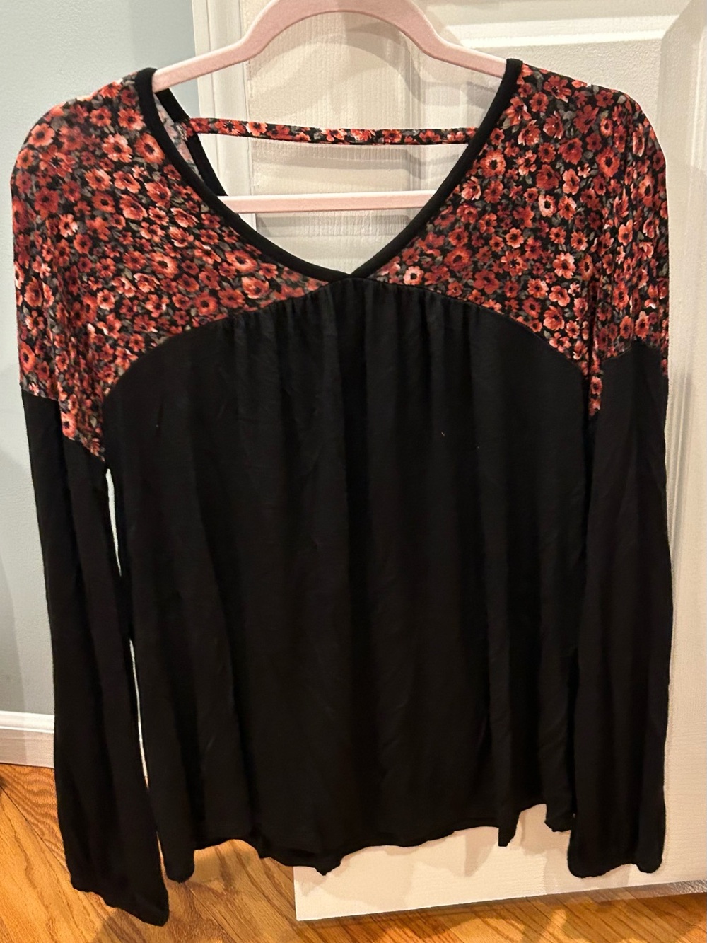 Maurices Black Long Sleeve Top with Burgundy Floral Yoke Size S